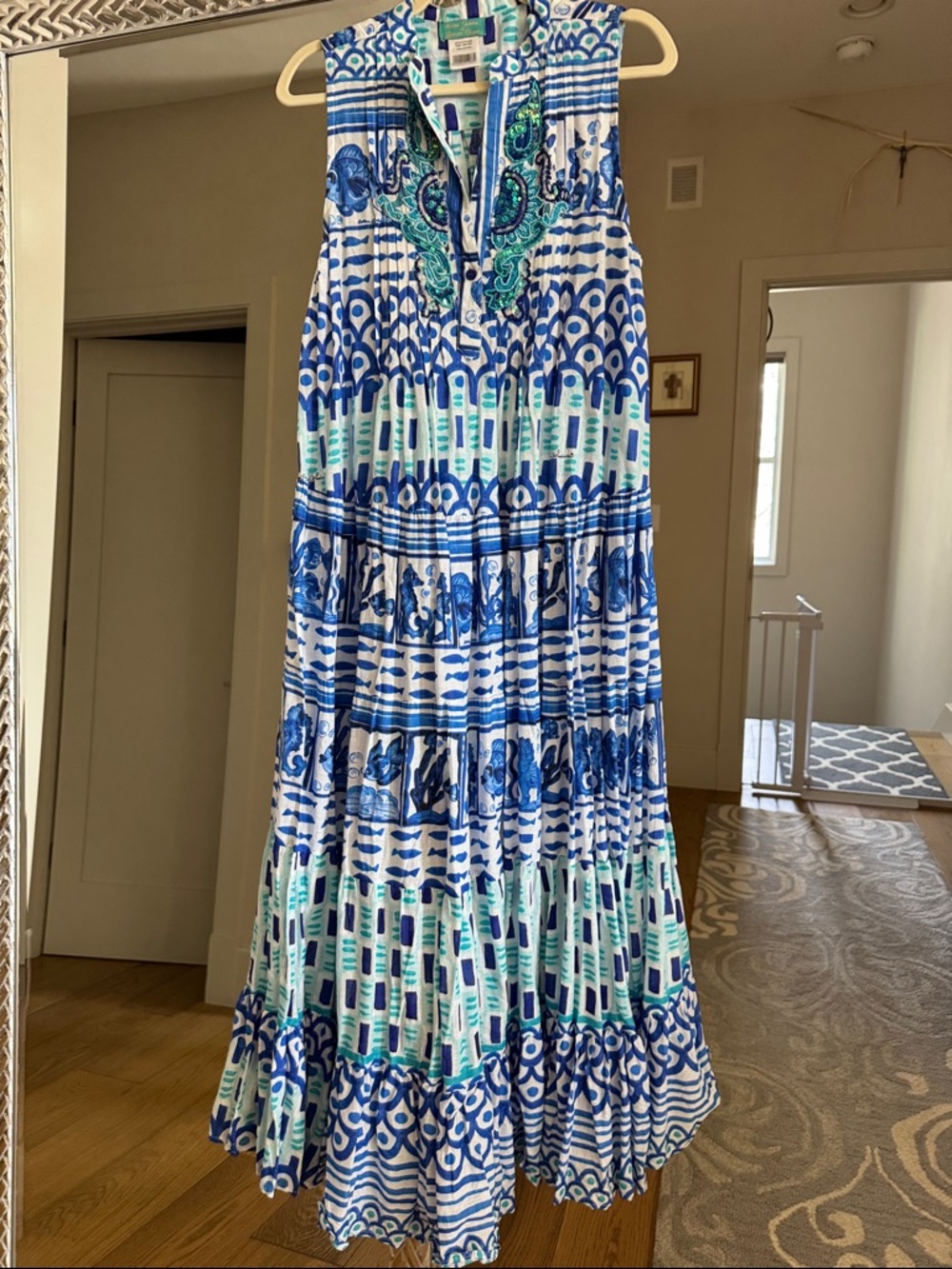 NWT Antica  Sartoria  Sleeveless Printed Maxi Dress in Blue & Aqua